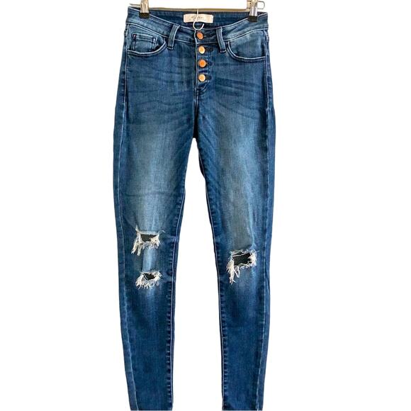 KanCan Skinny Jeans Signature High Rise Exposed Button Fly Distressed 24 VBK489R - Picture 1 of 5